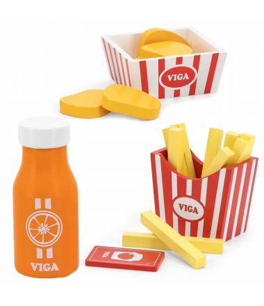 Drewniany zestaw do zabawy dla dzieci Fast Food: sok, frytki, nuggetsy, ketchup VIGA