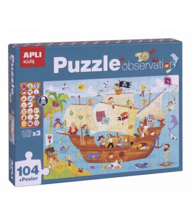 Puzzle obserwacyjne marki Apli Kids - Statek Piratów 104 el. dla dzieci 5+
